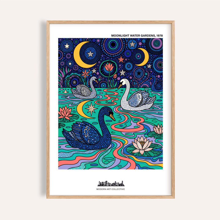 Swan art print framed close-up showing colourful swans in an abstract water garden