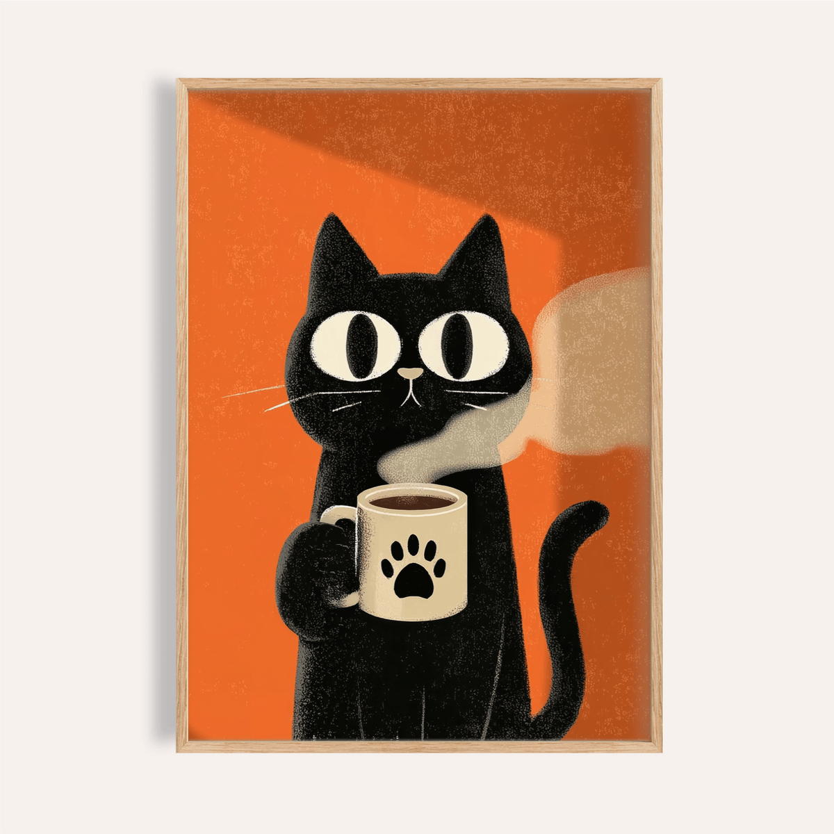 Framed Cat Coffee Mug Print of a black cat holding a coffee mug with paw print on an orange background