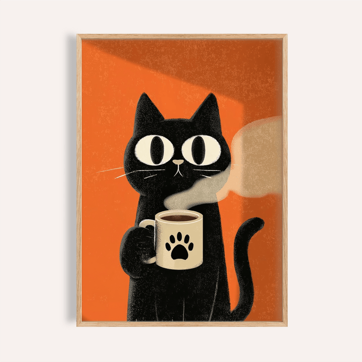 Framed Cat Coffee Mug Print of a black cat holding a coffee mug with paw print on an orange background
