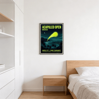 Acapulco Open Tennis Art Print on a bedroom wall above a wooden bedside table with light furnishings