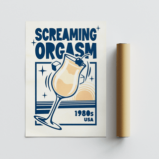 Retro Cocktail Poster of a screaming orgasm cocktail with beige and navy blue colours beside a brown packaging tube