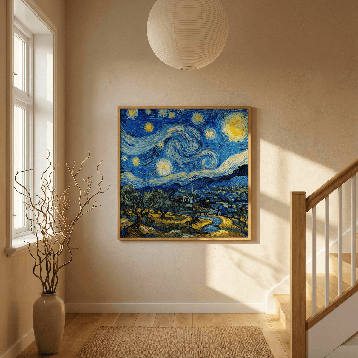 Starry Night Art Print on a wall showing a night sky with swirling stars in blue and yellow tones in a hallway