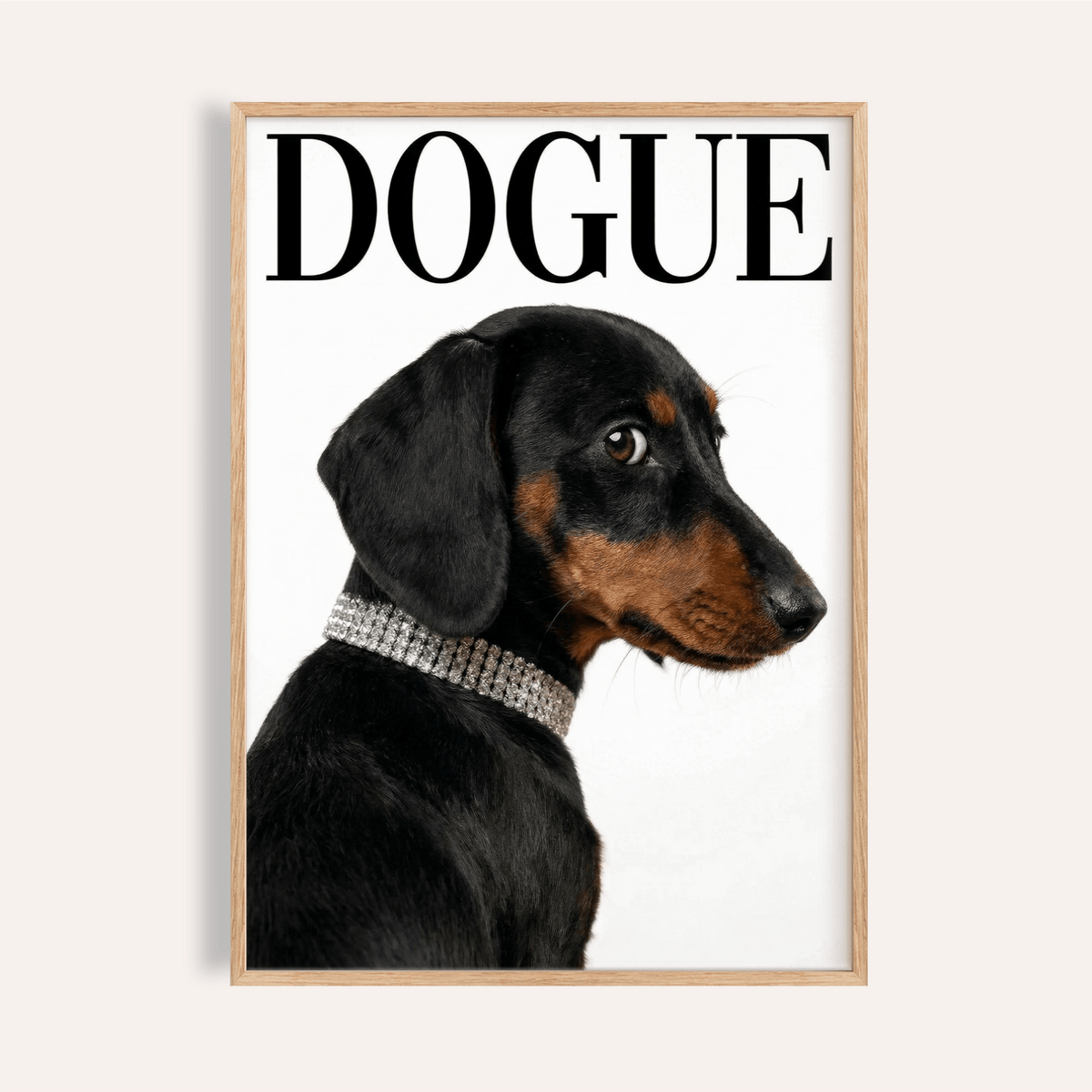 Dachshund art print showing a black and tan dog with a collar on a white background