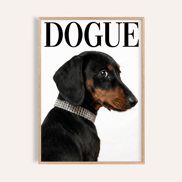 Dachshund art print showing a black and tan dog with a collar on a white background