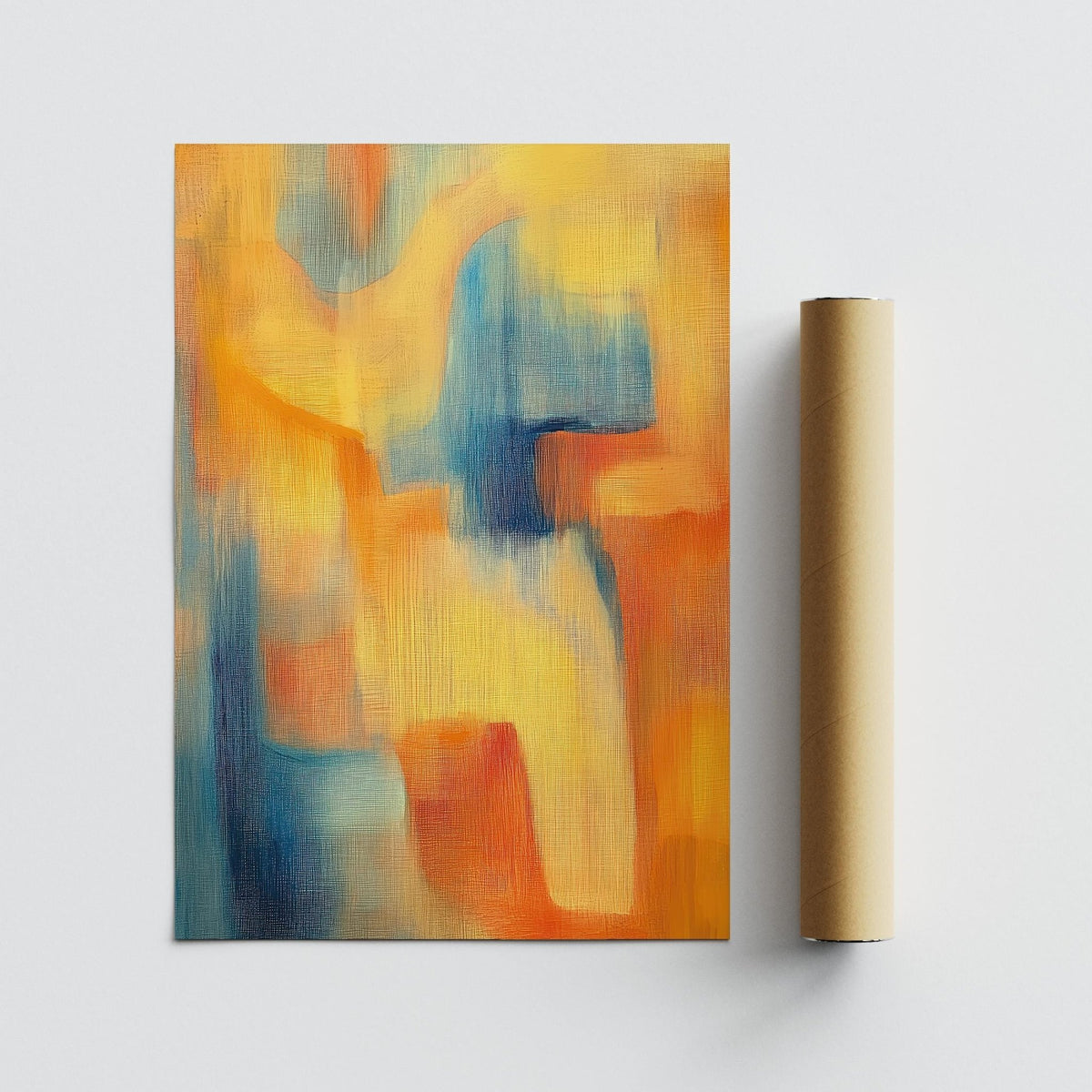 Modern Art Posters showing abstract colourful shapes in yellow orange and blue next to a brown packaging tube