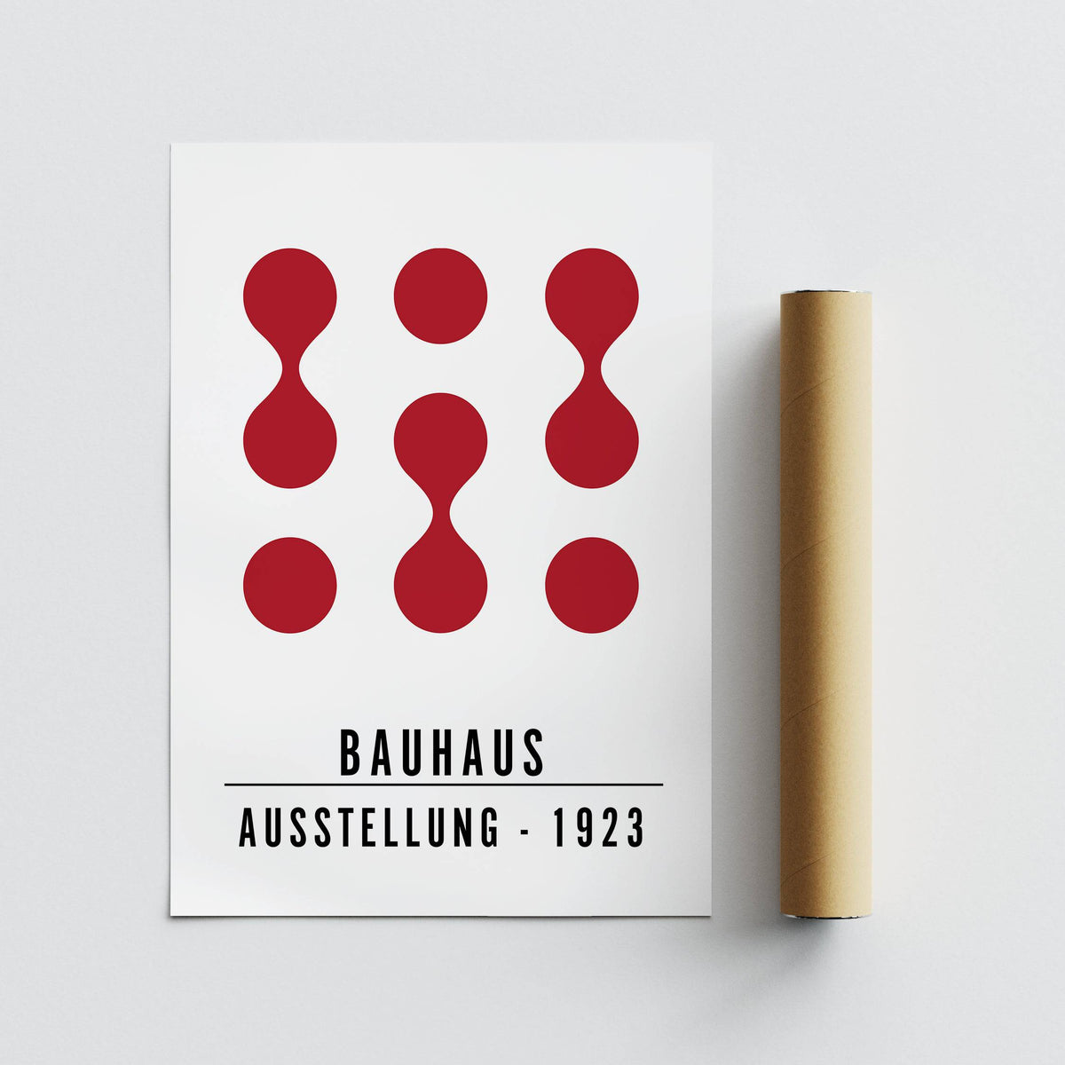 Artwork for Office Walls showing minimalist bauhaus red shapes on white beside a packaging tube