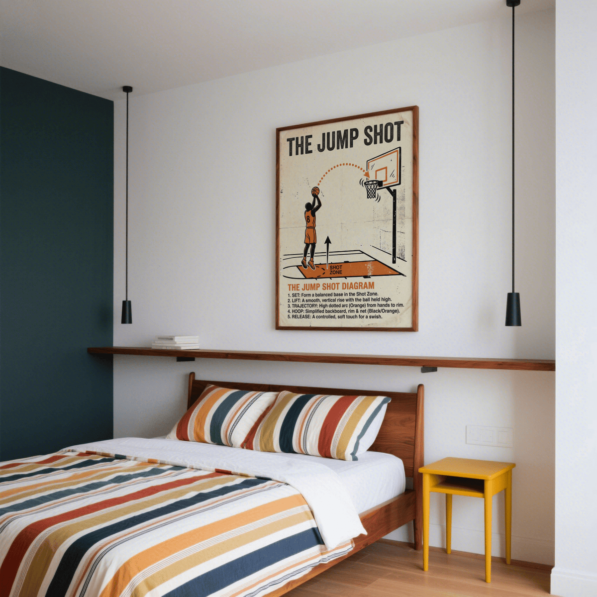 Print on a wall in a bedroom showing a basketball jump shot diagram in black and orange with text above a bed and a yellow bedside table