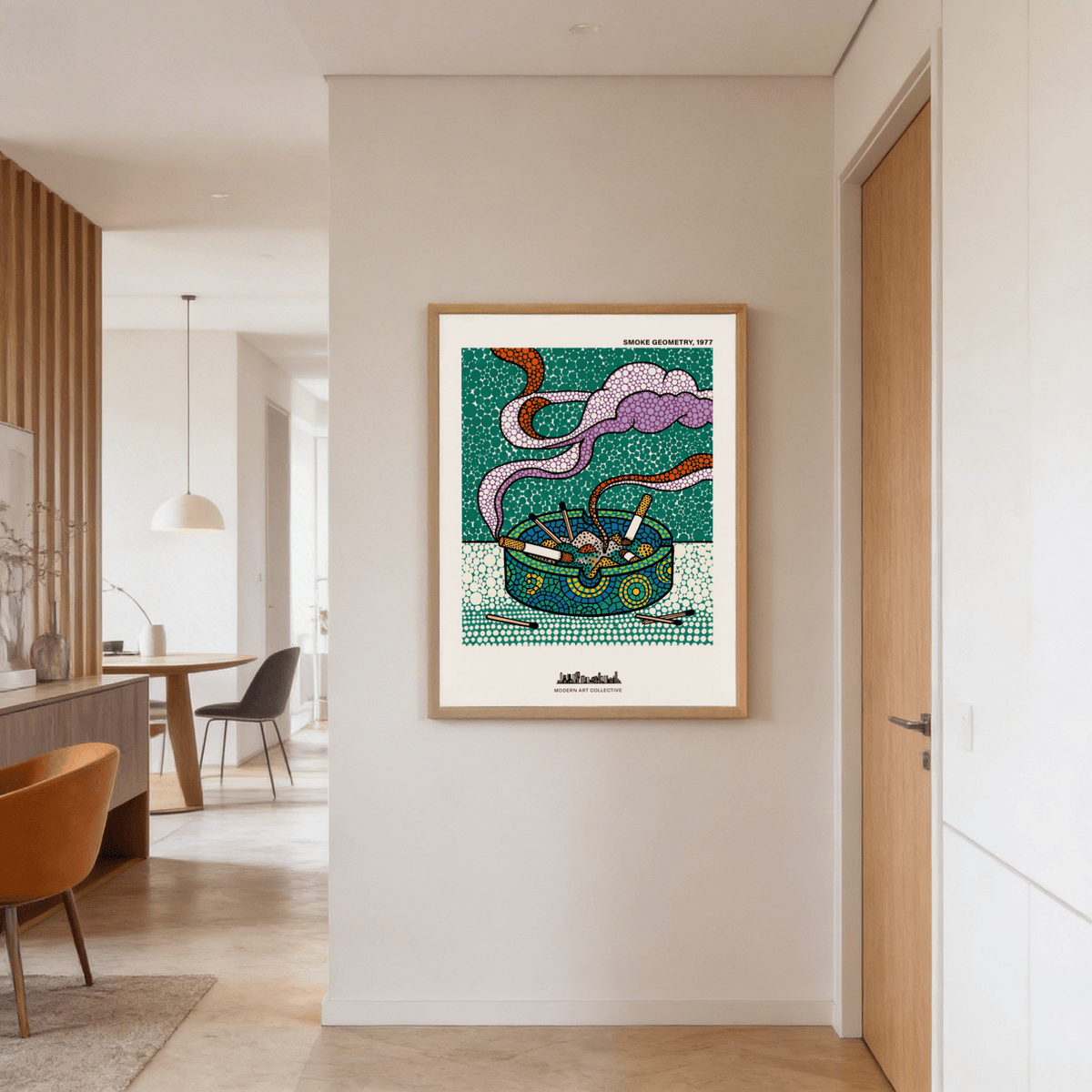 Geometric Smoke Art Print on a hallway wall with an orange chair nearby