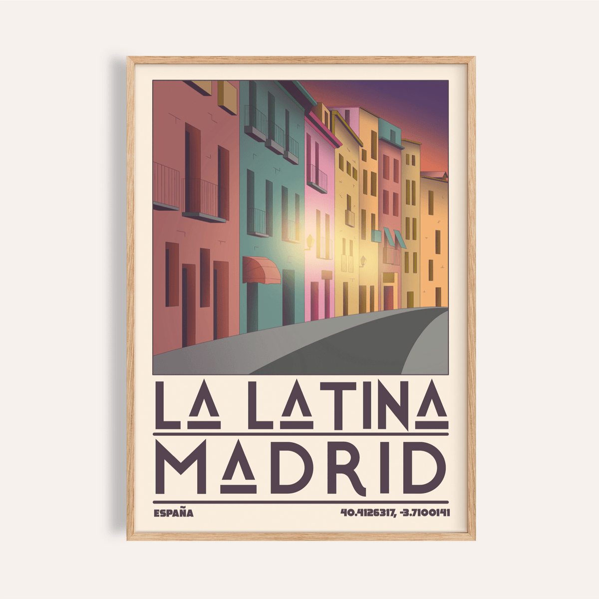 Madrid City wall art of colourful buildings on a curved street at dusk in a minimalist style