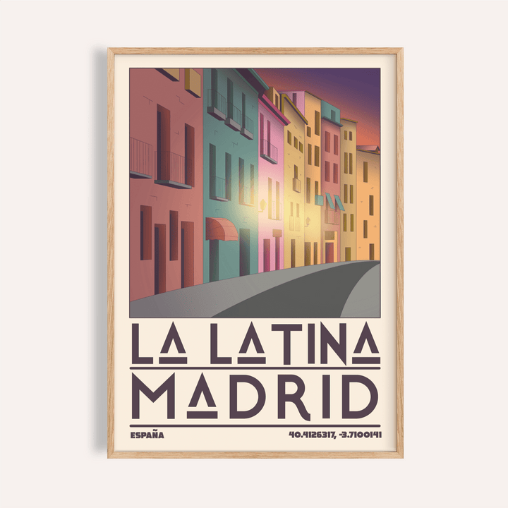 Madrid City wall art of colourful buildings on a curved street at dusk in a minimalist style