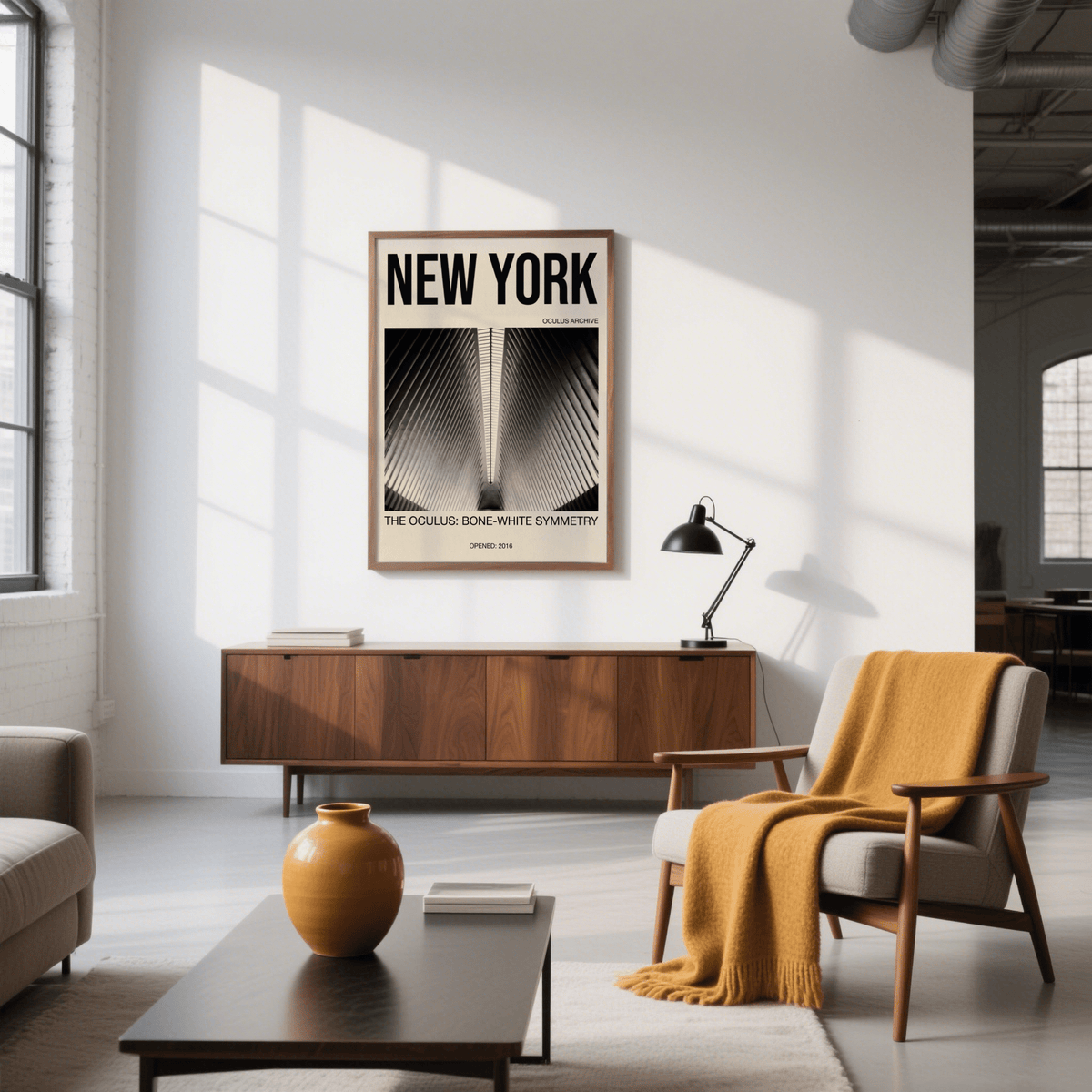 Bone White Architecture print of oculus interior in monochrome above a wooden sideboard
