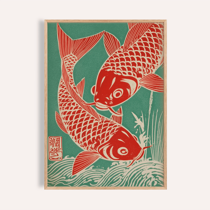 Framed Red Koi Art with two red koi fish and green background in woodblock style