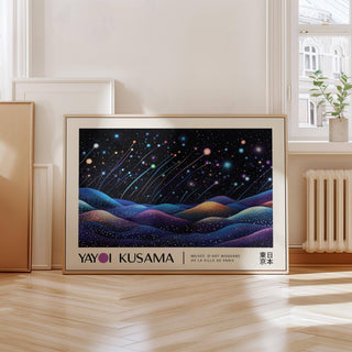Landscape print Shooting Stars with colourful shooting stars over hills leaning on a floor next to a window