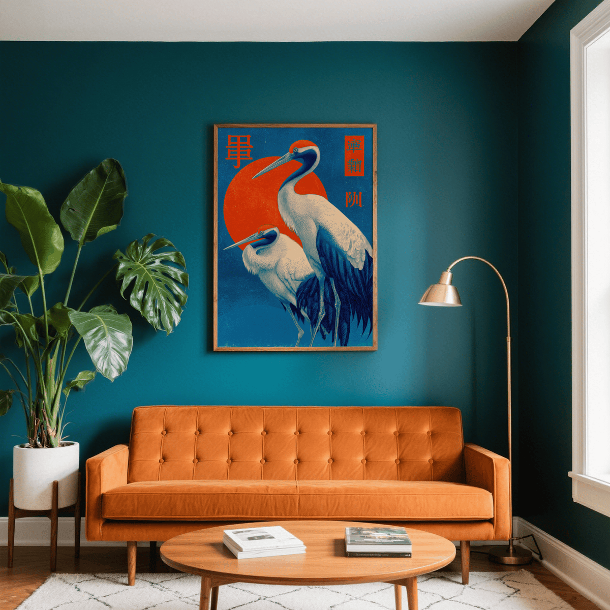 Cranes Art print with red-crowned cranes and red sun above an orange sofa and green plant