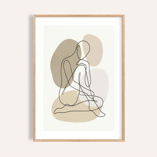 Framed Line Art Figure Print of a seated person outline in beige and grey shades