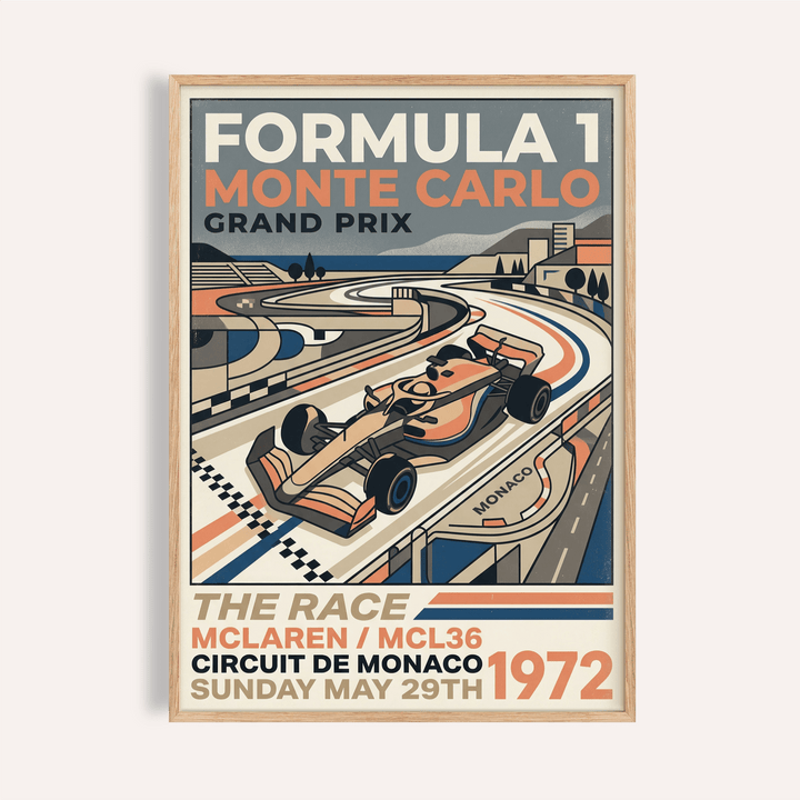 Framed view of Monte Carlo Retro Racing Poster wall art with race car and grand prix typography