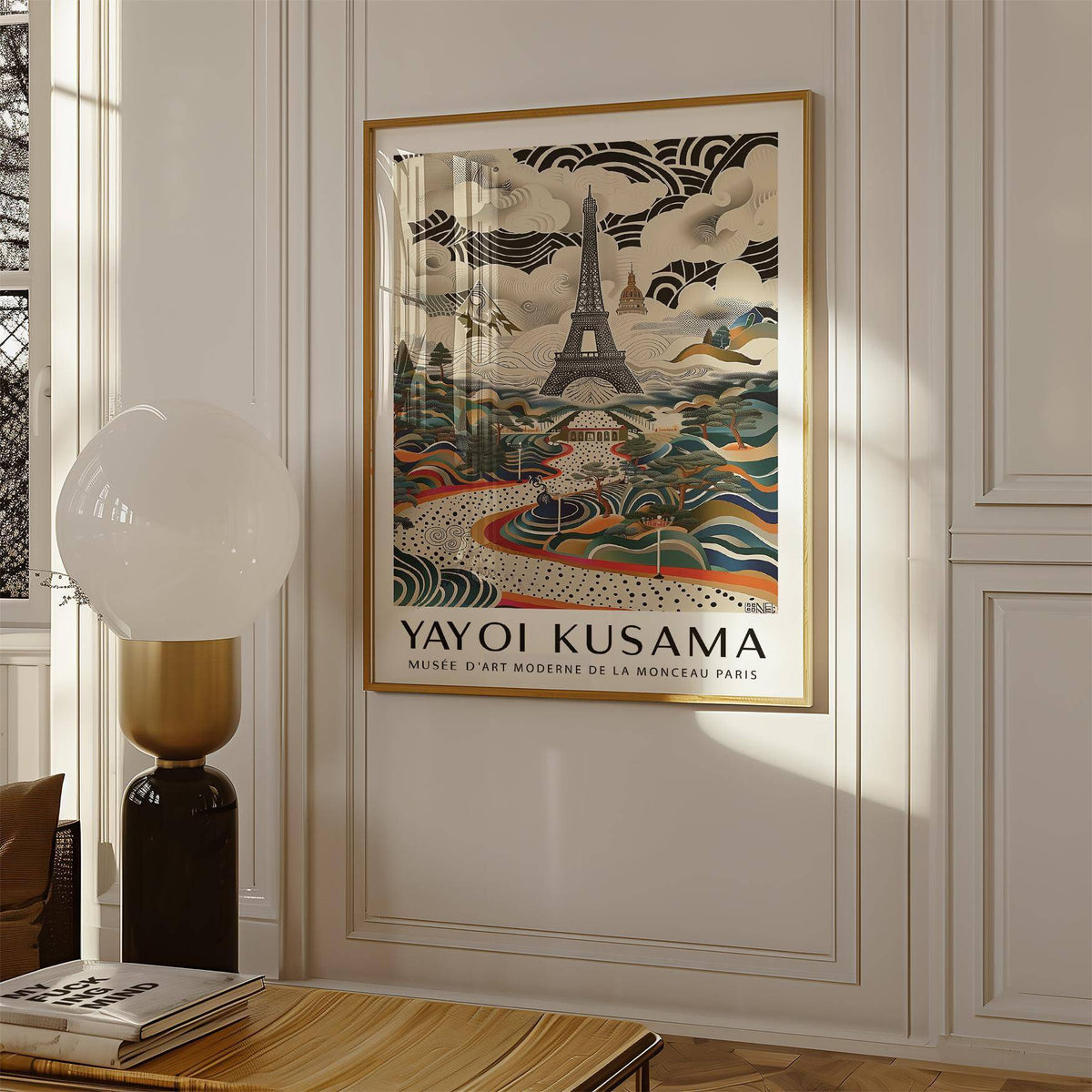 Eiffel Tower Print framed print close-up with black white and coloured abstract landscape beside a lamp in a room