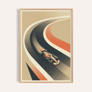 Framed vintage race car poster with a minimalist art-deco styled formula race car in beige and orange shades