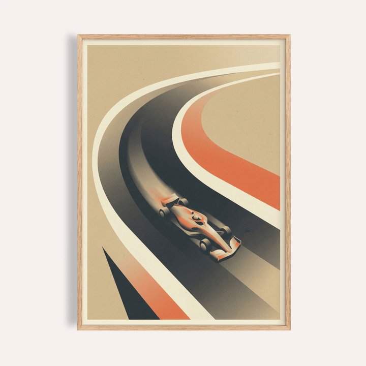 Framed vintage race car poster with a minimalist art-deco styled formula race car in beige and orange shades