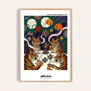 Tiger Tea Ceremony print framed close-up showing four illustrated tigers drinking tea with vibrant folk-art colours