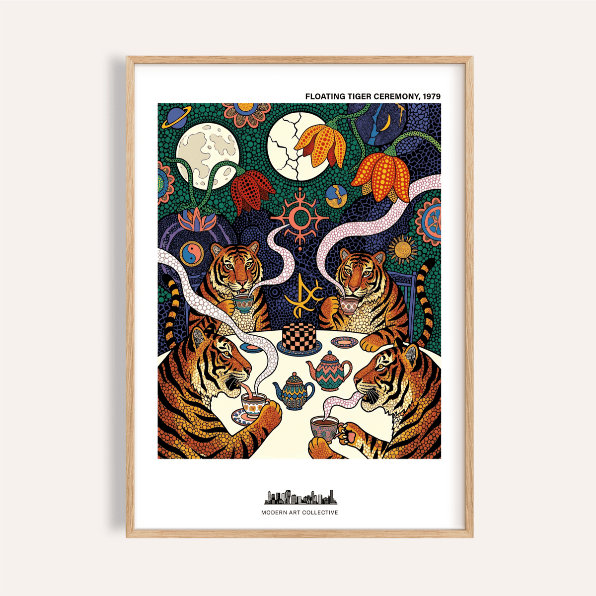 Tiger Tea Ceremony print framed close-up showing four illustrated tigers drinking tea with vibrant folk-art colours