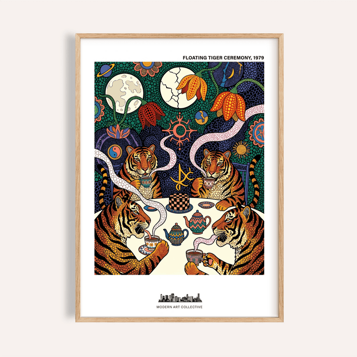 Tiger Tea Ceremony print framed close-up showing four illustrated tigers drinking tea with vibrant folk-art colours