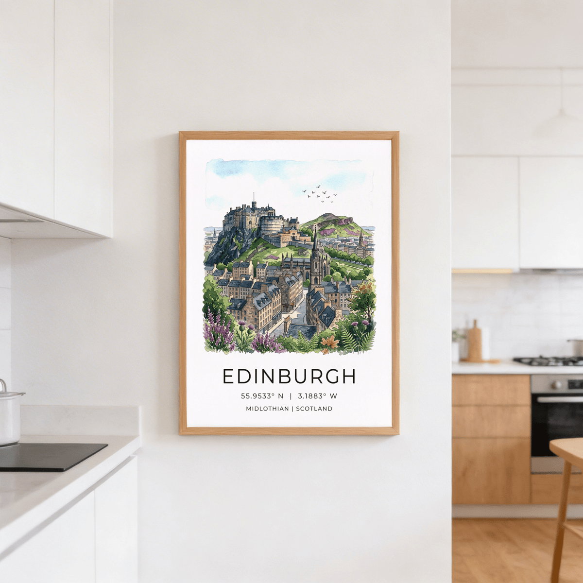 Edinburgh Cityscape art print of Edinburgh Castle landscape in watercolour in a kitchen