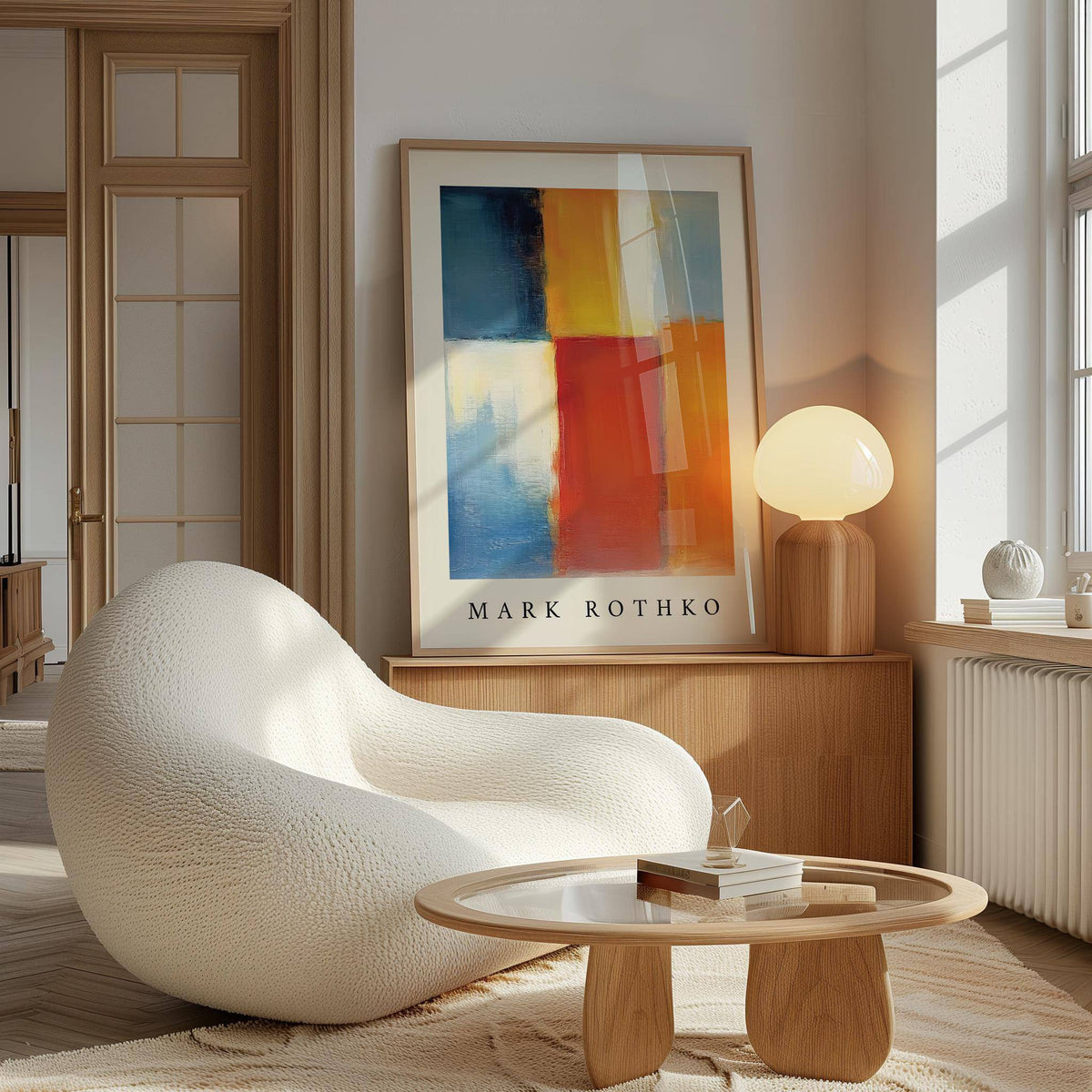 Mark Rothko Orange Red and Yellow wall art leaning on a wooden sideboard with a lamp nearby