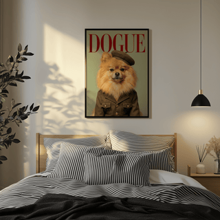 Pomeranian wall art of a dog in a soldier outfit with muted green background above a striped bed