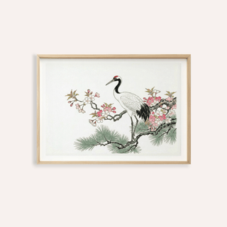 Featured Crane Cherry Blossom Art Print poster with crane perched on flowering branch