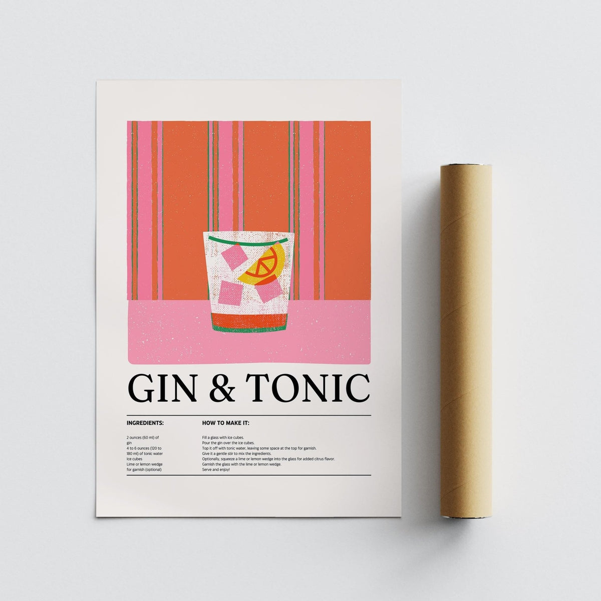 Kitchen art print with minimalist gin and tonic illustration with pink and orange stripes next to a packaging tube
