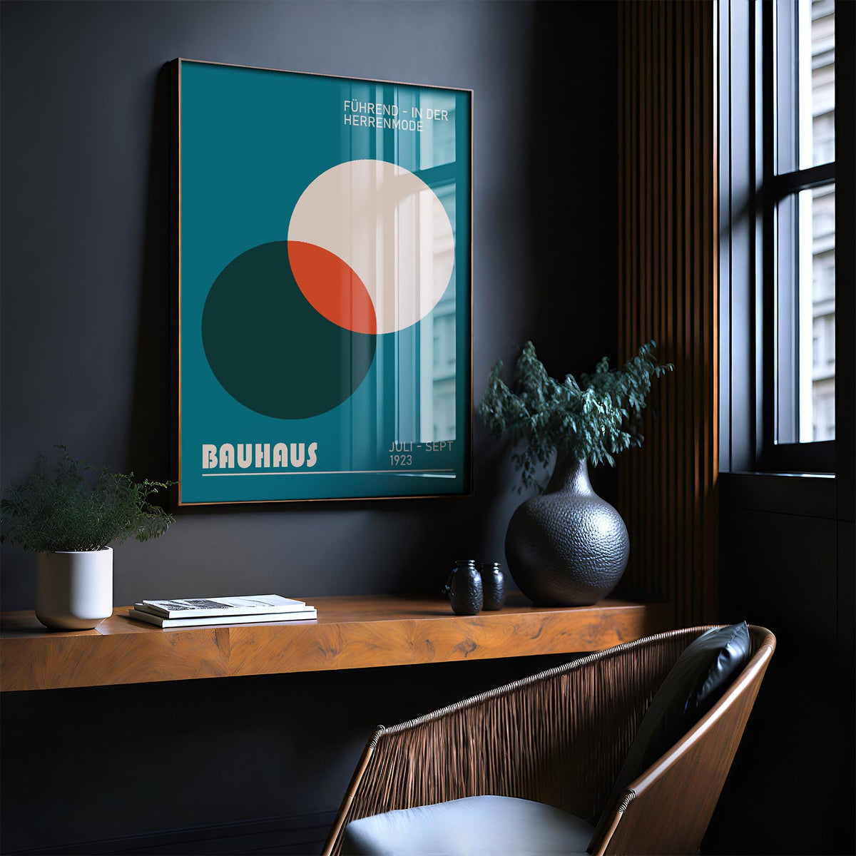 Modern office wall art with overlapping circles in teal and orange above a wooden shelf with plants