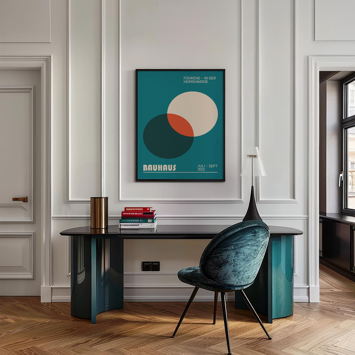 Modern Office Wall Art of overlapping circles with teal and cream on a white paneled wall above a desk