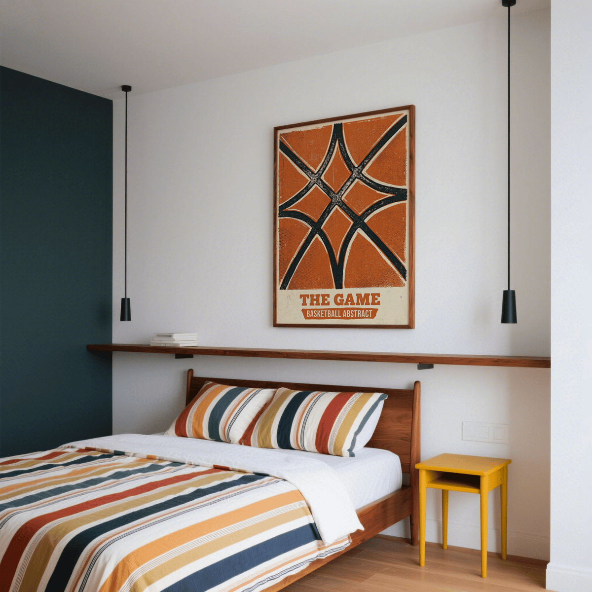 Print on a wall in a bedroom featuring basketball abstract print in vintage orange and black above a bed with striped bedding