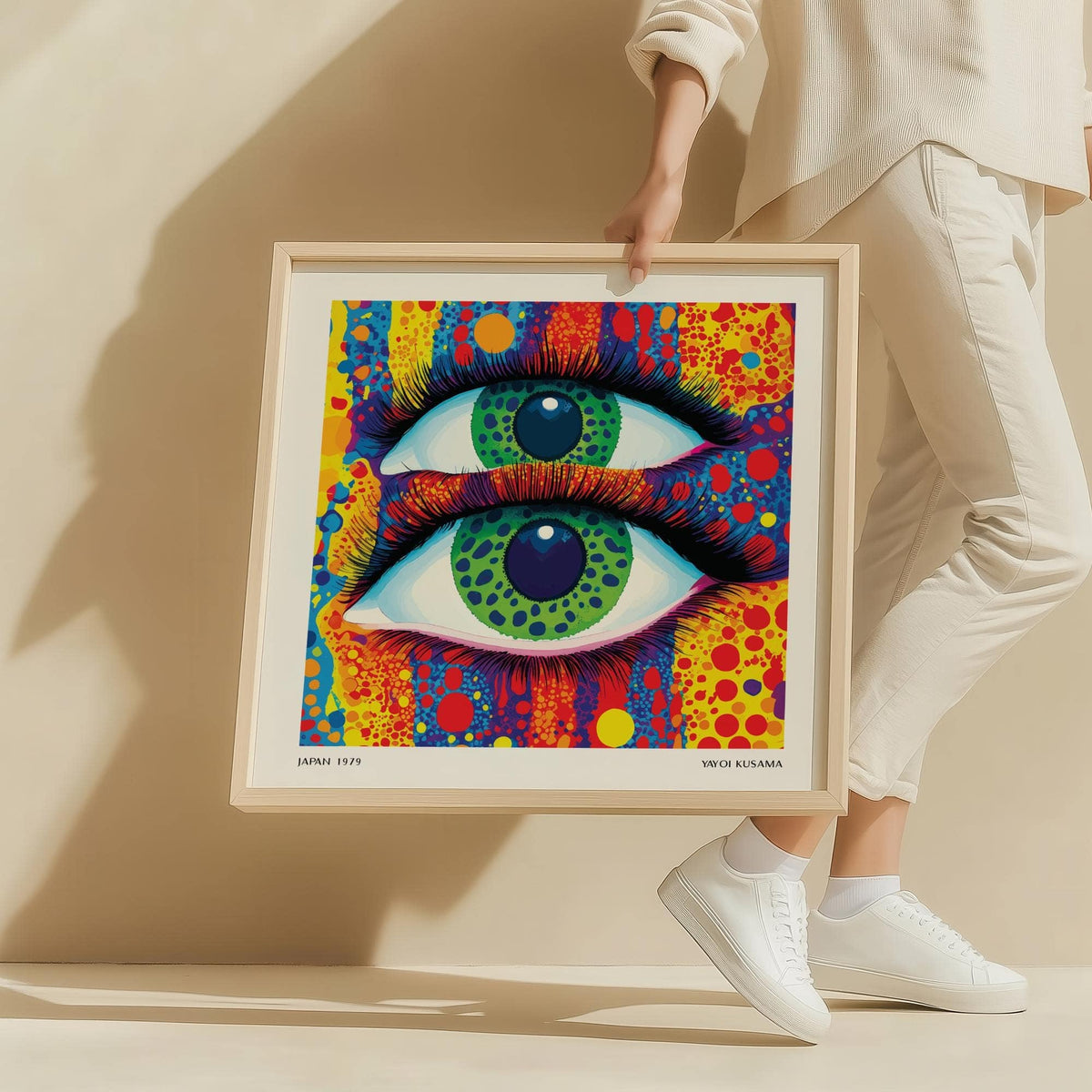Framed print of colorful pop art with two green eyes held by a person in white clothes