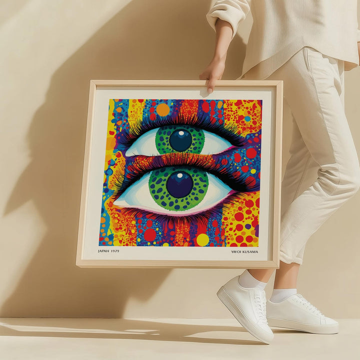 Framed print of colorful pop art with two green eyes held by a person in white clothes