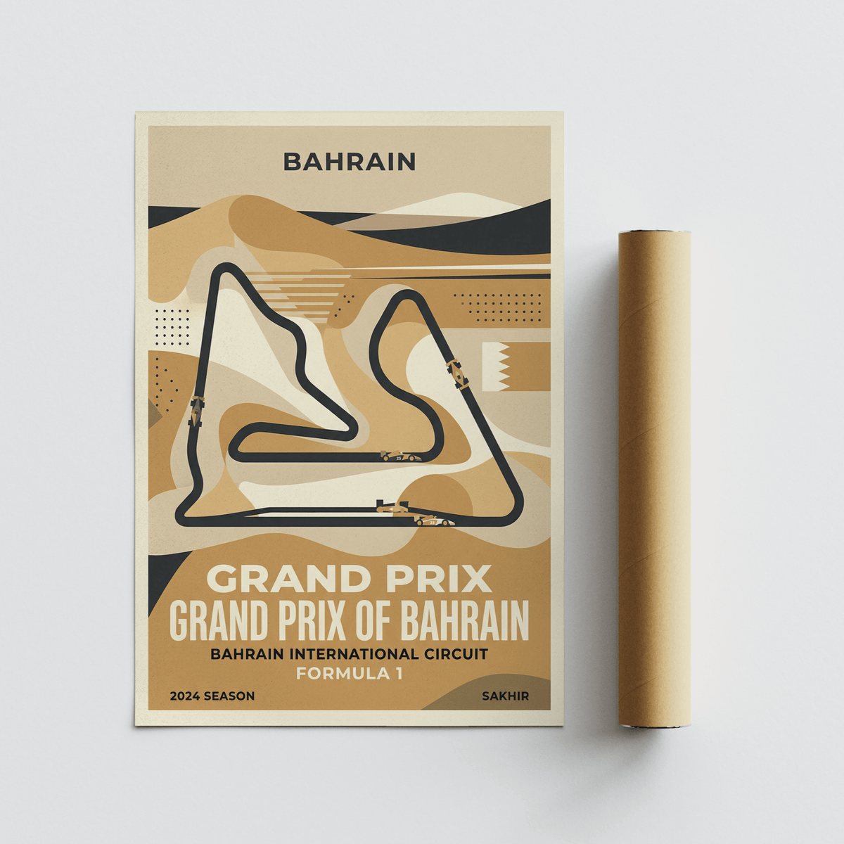 Desert Race Circuit Poster with minimalist bahrain race track illustration and a packaging tube on white background