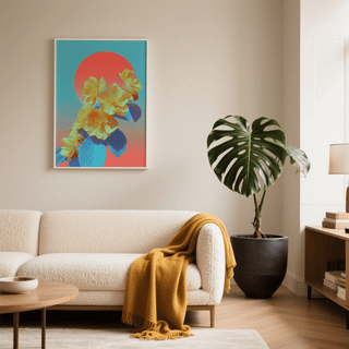 Vibrant Floral Wall Art hanging above a sofa with a mustard throw and a large leafy plant
