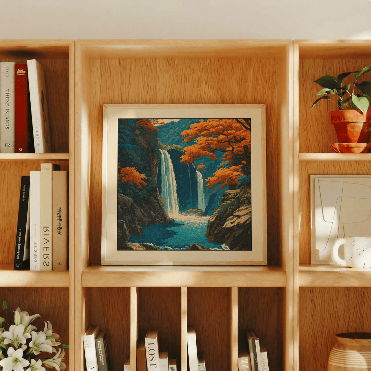 Hasui Kawase Waterfall wall art with blue water and orange autumn leaves on a wooden shelf with books and a plant