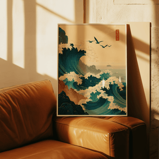 Framed Japanese Wave Art Print leaning on a brown leather armchair with sunlit wall background