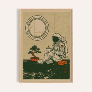 Framed Astronaut Art Print of a sitting astronaut sketch with a bonsai and orange box on a green floor