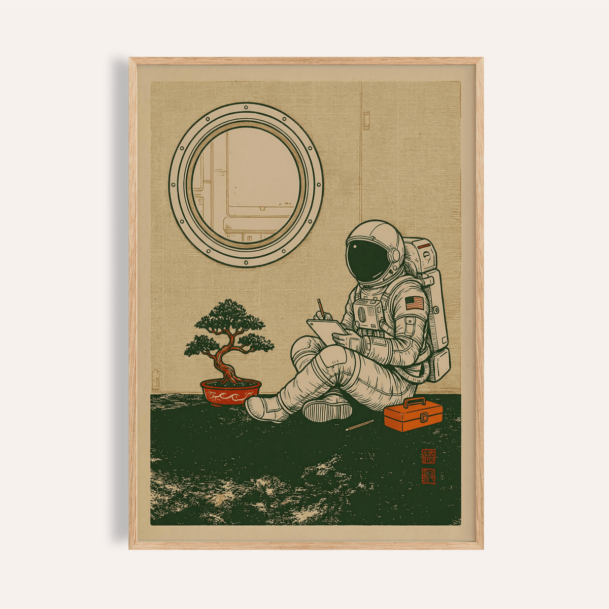 Framed Astronaut Art Print of a sitting astronaut sketch with a bonsai and orange box on a green floor