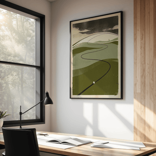 Golf Course Art Print on a wall with minimalist retro design in green and beige next to a black desk lamp