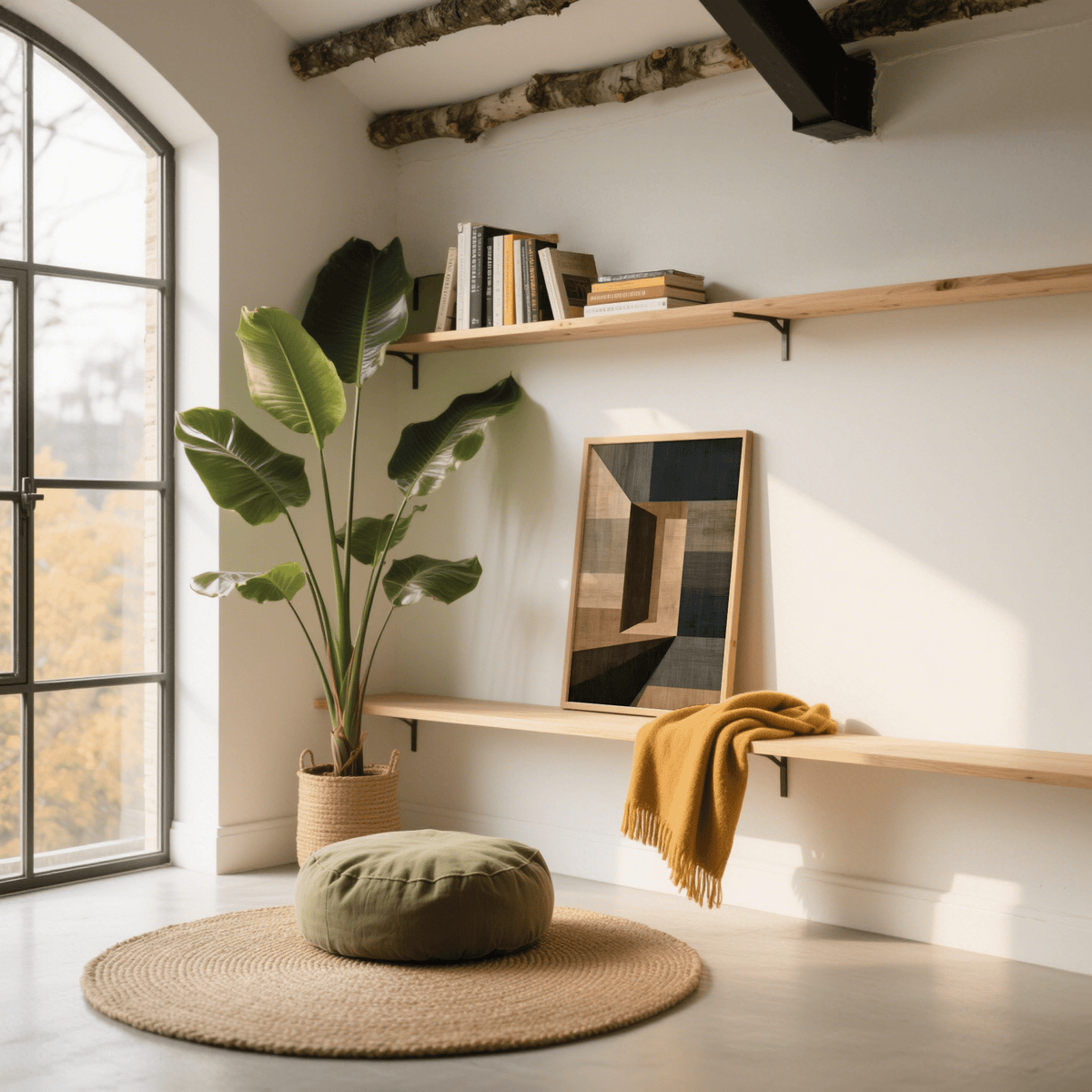 Print leaning on a shelf with abstract geometric shapes in neutral tones next to a tall potted plant