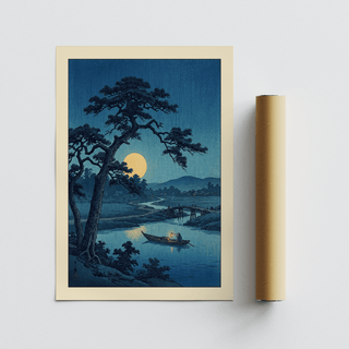 Moonlight Print of a moonlit river scene with a large tree and a boat beside a packaging tube