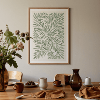 Green Leaf Art print of green botanical leaves in watercolour style above a dining table with crockery