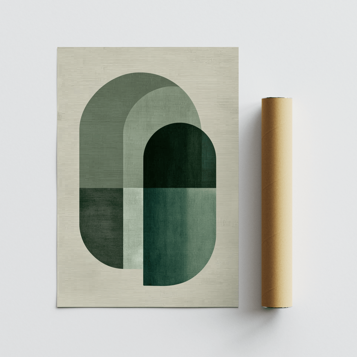 Green Tone Poster Print showing overlapping rounded shapes in various green tones with a packaging tube beside it