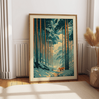 Print leaning on a floor of Japanese Fox Woodblock Print with red fox and tall trees in blues and oranges near a window