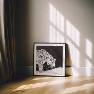 Framed Japanese Tiger Art print of a spotted tiger in black and white leaning against a wall with sunlight
