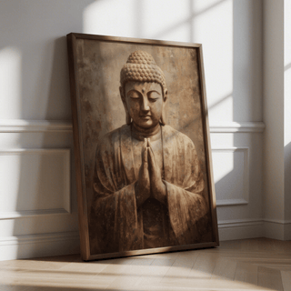 Print leaning on a wooden floor of a buddha statue with praying hands in brown tones next to a window